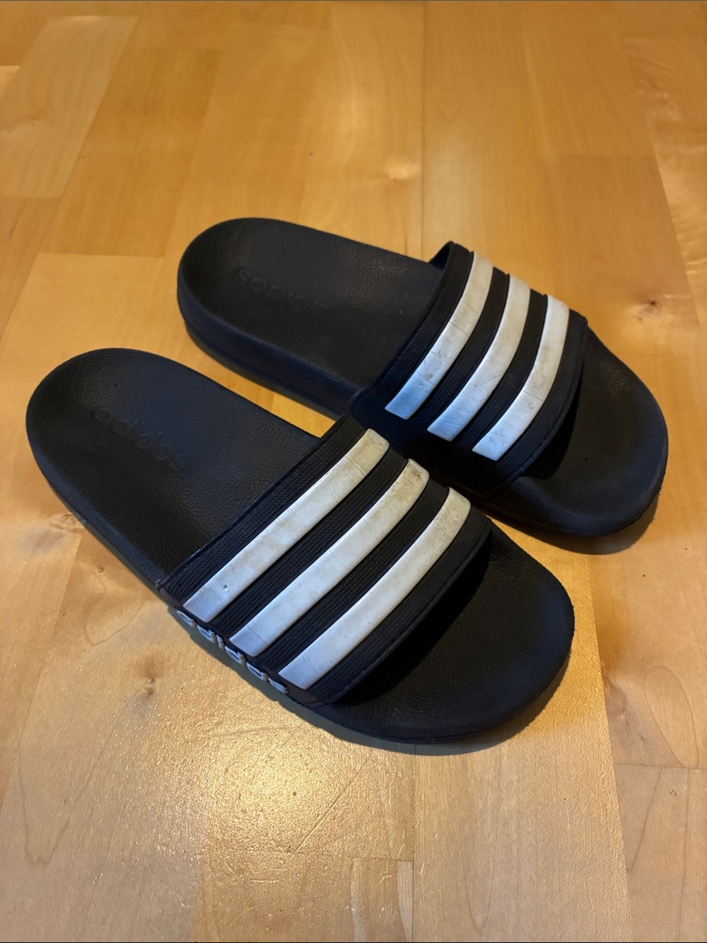 Youth adidas slides - black and white 3 stripe used